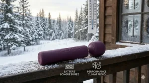 A durable cordless wand massager resting on a snowy balcony railing, highlighting cold-weather battery performance.