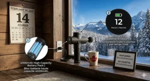 High-detail technical illustration of a rechargeable massager battery with 20+ hours of performance for cold Canadian climates. | Illustration technique d'une batterie de masseur rechargeable avec plus de 20 heures de performance pour les climats froids canadiens.