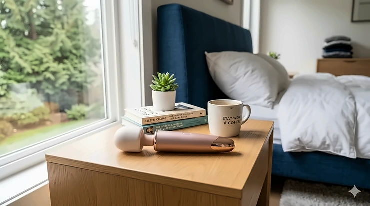 A sleek, cordless magic wand massager alternative on a bedside table in a modern Canadian home, highlighting ergonomic design and premium self-care.