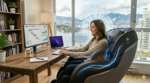 Graphic of a delivery truck showing fast shipping for a massage chair for office across Canada, from BC to Quebec.