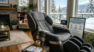 Bilingual infographic titled Canadian Guide to Pregnancy-Safe Massage Chair Use displayed next to a modern massage chair.