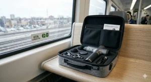 A compact rechargeable handheld massager packed in a travel bag, perfect for Canadian business travelers or GTA commuters.