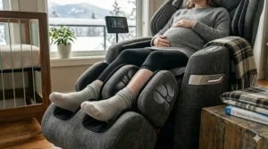 Close-up of the leg and foot compression feature on a pregnancy safe massage chair helping a woman with maternity swelling.