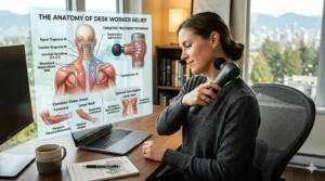 Illustration of key trigger points for a handheld percussion massager for desk workers focusing on the neck, shoulders, and lumbar region.