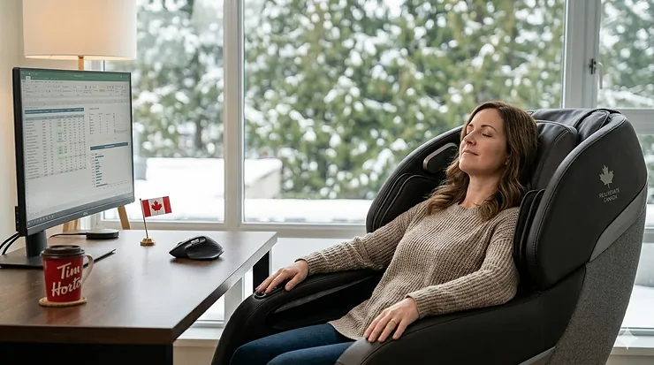 Illustration showing a Canadian professional relaxing in a massage chair for office use to reduce workday stress.
