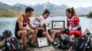 An infographic showing a percussion massager for athletes with bilingual English and French recovery tips for Canadians.