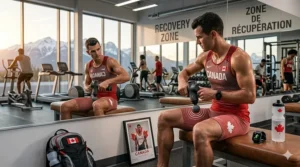 An athlete in a modern Canadian fitness center using a percussion massager on their shoulder after weightlifting.