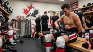 A hockey player in a locker room using a percussion massager for athletes on their quads after a game.