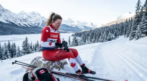 A cross-country skier utilizing a percussion massager for athletes to treat muscle soreness in a snowy Canadian landscape.
