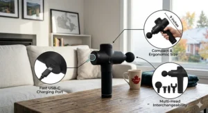 Technical anatomy illustration of a portable cordless massager showing bilingual features and USB-C charging for the Canadian market. | Illustration technique de l'anatomie d'un masseur sans fil portable montrant des caractéristiques bilingues et une charge USB-C.