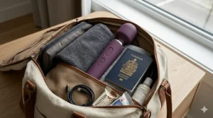 Travel-friendly cordless wand massager packed in a carry-on bag with a Canadian passport and travel essentials.