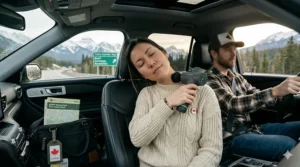 A digital nomad using a portable massager for travel while working from a scenic cabin in rural Quebec.