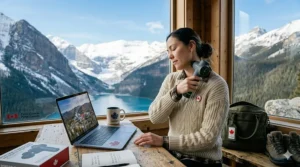 Top-down view showing how a portable massager for travel fits inside a standard carry-on bag for a Canadian domestic flight.