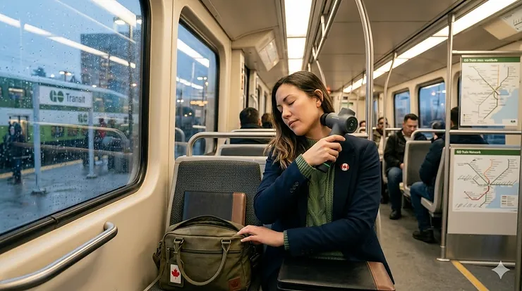 A traveler using a portable massager for travel while waiting at a snowy Vancouver airport terminal, focusing on neck relief.
