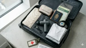 A hiker using a portable massager for travel to soothe leg muscles after a hike in Banff National Park, Alberta.