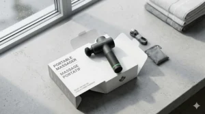 Illustration of a professional using a compact portable massager for travel during a GO Train commute in Ontario.