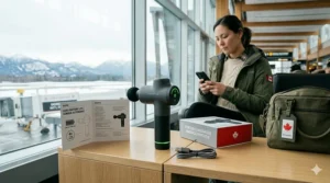 A Canadian using a portable massager for travel at home after a day of winter sports like skiing or skating.