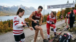A compact percussion massager for athletes packed in a gym bag with a Canadian flag patch, highlighting portability.
