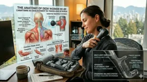 A handheld percussion massager for desk workers stored in a commuter bag, ideal for Canadians traveling to downtown business hubs.