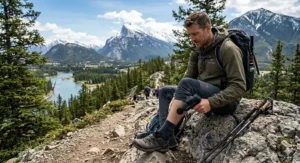 A hiker resting on a trail in Banff National Park with a portable quiet percussion massager for calf relief.