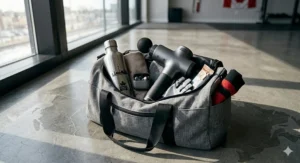 Flat lay illustration of a gym bag featuring a rechargeable handheld massager, water bottle, and athletic gear for post-workout recovery.