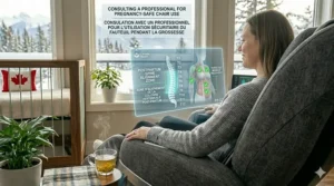 A postpartum recovery illustration showing spine alignment and muscle recovery zones on a pregnancy safe massage chair.