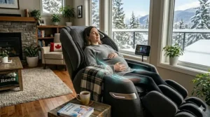Visual representation of a woman experiencing sciatica relief while using a pregnancy safe massage chair in a snowy mountain setting.
