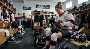 A hockey player in a Canadian locker room using a quiet percussion massager on sore leg muscles.