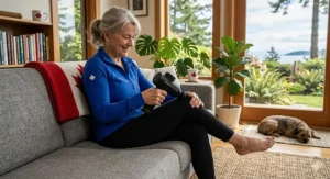 An active Canadian senior using a quiet percussion massager for joint mobility and wellness at home.
