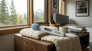 Graphic displaying various vibration intensity modes of a quiet wand massager for personalized home use.