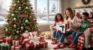 A beautifully wrapped quiet percussion massager under a Christmas tree, perfect for Canadian winter wellness.