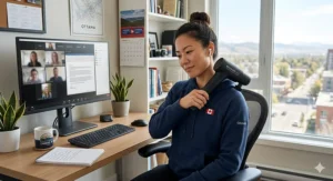 Remote worker in Ottawa using a quiet percussion massager for neck pain relief during a video call.