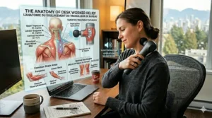 Illustration highlighting the silent motor of a handheld percussion massager for desk workers, suitable for shared Canadian office spaces.