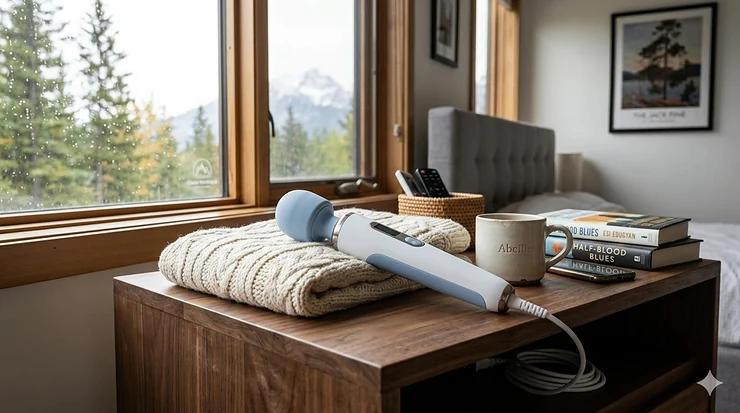 A premium quiet wand massager for home use resting on a bedside table in a cozy, modern Canadian bedroom.