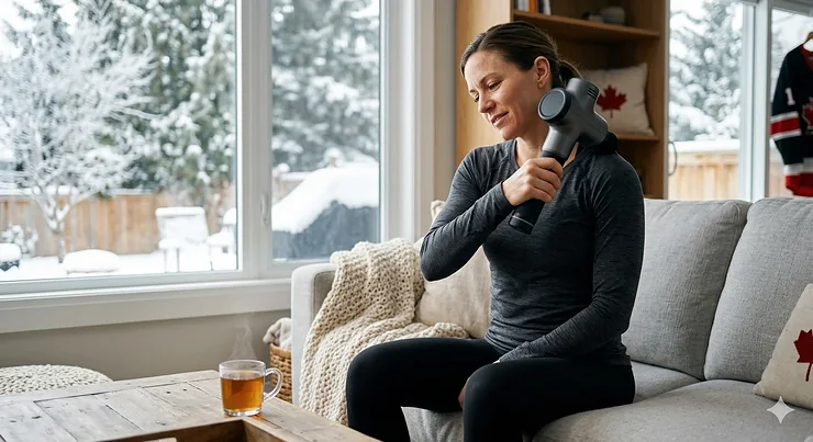 A person using a rechargeable handheld massager for muscle recovery in a cozy Canadian living room with a snowy window view.