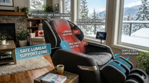 Diagram of a pregnancy safe massage chair in a Canadian living room highlighting safe lumbar zones and disabled heat settings.