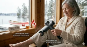 A gentle illustration of an older adult using a lightweight rechargeable handheld massager to improve circulation and joint mobility.