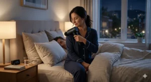 A person using a silent, quiet percussion massager at night in a Montreal bedroom without waking their partner.