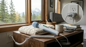 Illustration of a USB-rechargeable quiet wand massager, convenient for home use across Canada.