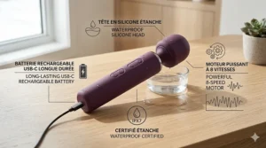 Bilingual technical diagram of a waterproof cordless wand massager showing USB-C charging and 8-speed motor specs.