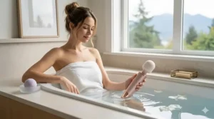 Fully waterproof magic wand massager alternative being used in a bubble bath for a spa-like Canadian wellness experience.