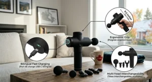 Wellness gift guide illustration featuring a rechargeable massager as a top Canadian gift idea under $100. | Illustration d'un guide de cadeaux de bien-être présentant un masseur rechargeable comme idée cadeau de premier plan au Canada à moins de 100 $.