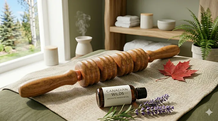 A premium wooden massage roller for muscle recovery and lymphatic drainage, styled for a Canadian home spa environment with a natural maple leaf and essential oils.