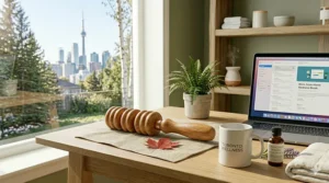 A wooden massage roller on a home office desk in Toronto, highlighting quick wellness breaks for Canadian remote workers.