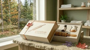 A wooden massage roller wellness gift set packaged with rustic Canadian Wellness branding and a decorative maple leaf.