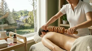 Natural wooden massage roller used for professional lymphatic drainage and relaxation in a high-end Canadian spa setting.
