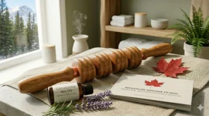 A Canadian skier using a wooden massage roller for leg muscle recovery in the snowy Rockies, featuring outdoor winter sports gear.