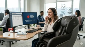 A focused employee using a massage chair for office work to maintain energy and productivity throughout the day.