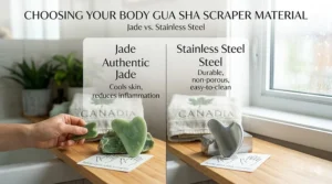 A comparison chart of different body gua sha scraper materials including authentic jade and professional stainless steel.