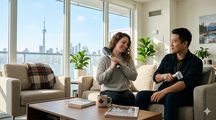 A diverse Canadian couple relaxing in a modern living room while using a professional-grade handheld massager for muscle recovery. handheld massagers